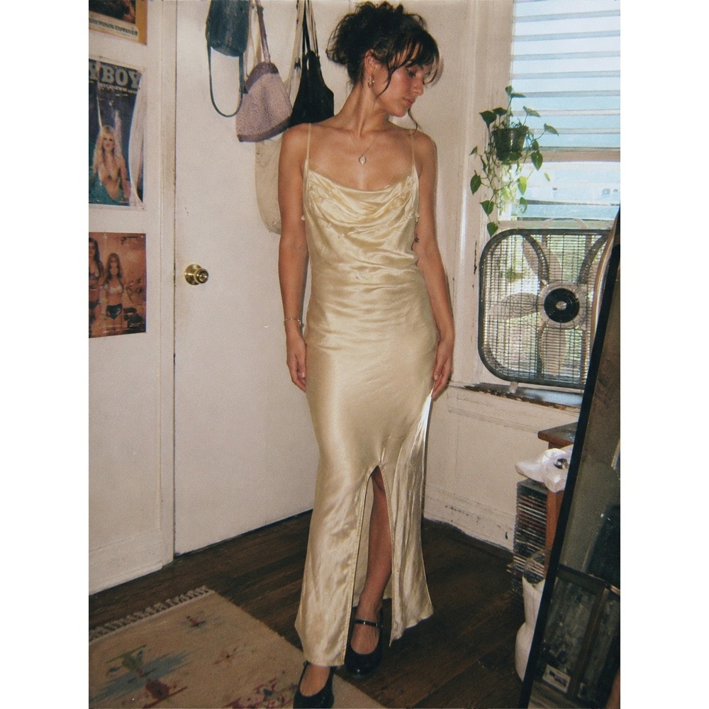 Vintage 90s Champagne Satin Cowl Neck Pearl Maxi Slip Lingerie Dress- M